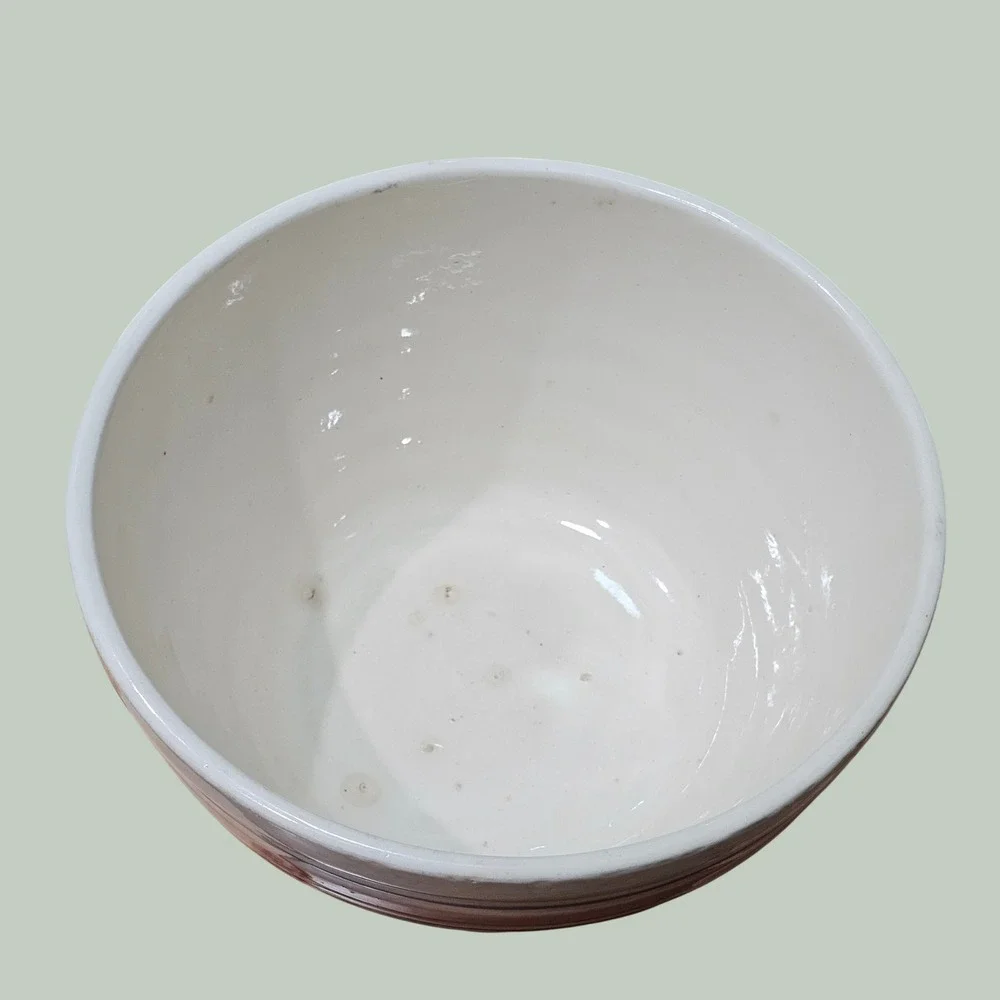 Vintage McCoy Stoneware Mixing Bowl Large 10 in Pink Blue Striped Ribbed Beehive
